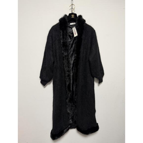 Modefia Coat Womens Medium Large Black Angora Blend Faux Fur Trim Long Duster - Picture 2 of 13